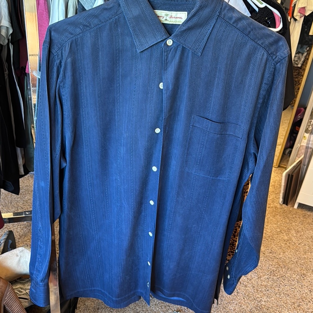 Tommy Bahama Men's Blue Shirt long sleeve. Pre owned but always dry cleaned. Lg.